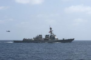 The U.S. Navy guided-missile destroyer USS Mason conducts divisional tactic maneuvers as part of a Commander, Task Force 55, exercise in the Gulf of Oman September 10, 2016.  U.S. Navy/Mass Communication Specialist 1st Class Blake Midnight/Handout via REUTERS