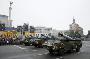 Ukrainian OTR-21 Tochka-U mobile missile launch systems drive during Ukraine's Independence Day military parade in Kiev